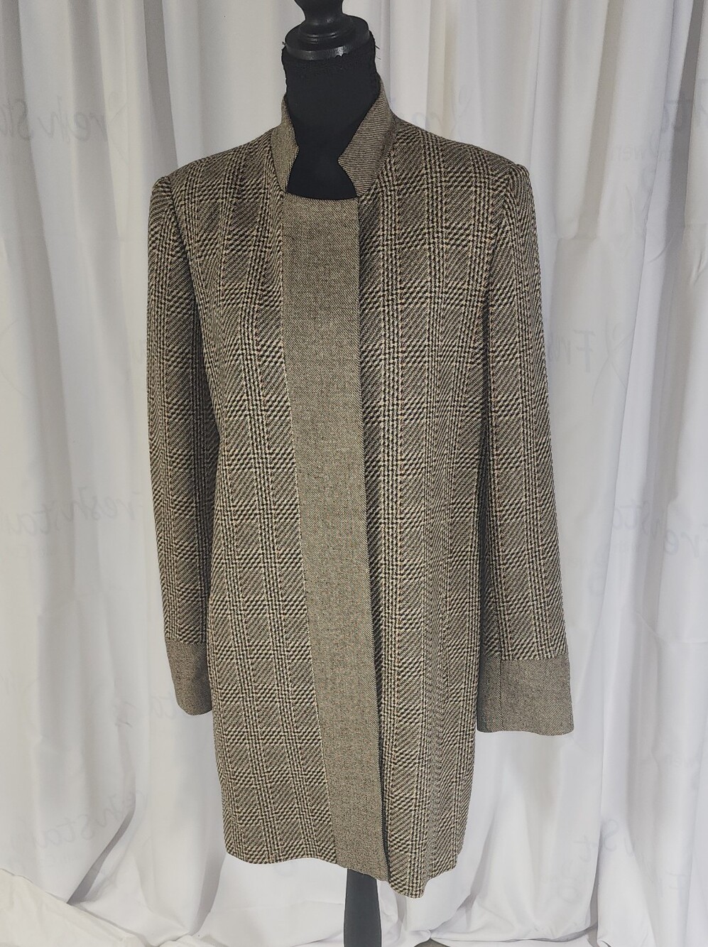Thalian Brown Plaid Collarless Trench Coat